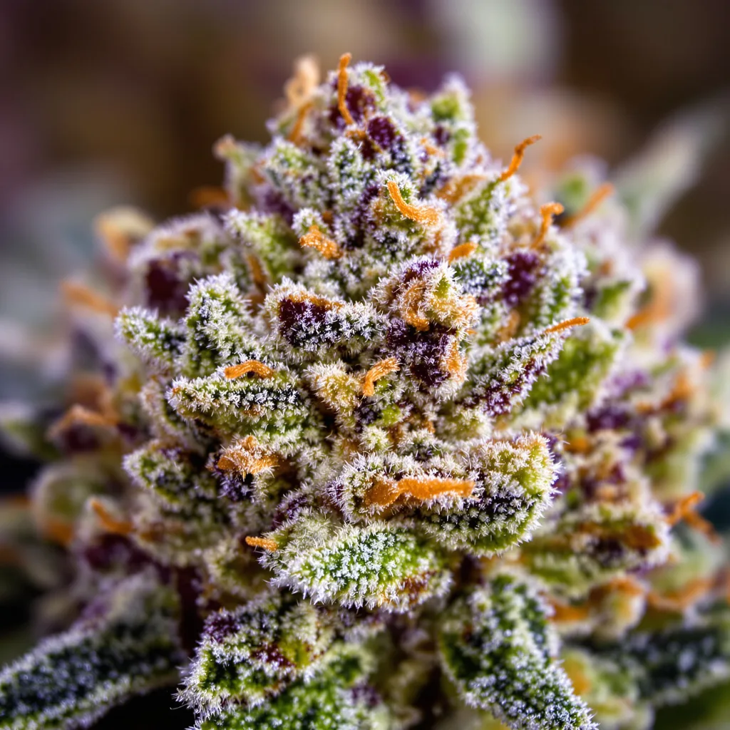 Primer plano de cogollo de cannabis Cheeseburger mostrando estructura abierta con pistilos naranjas