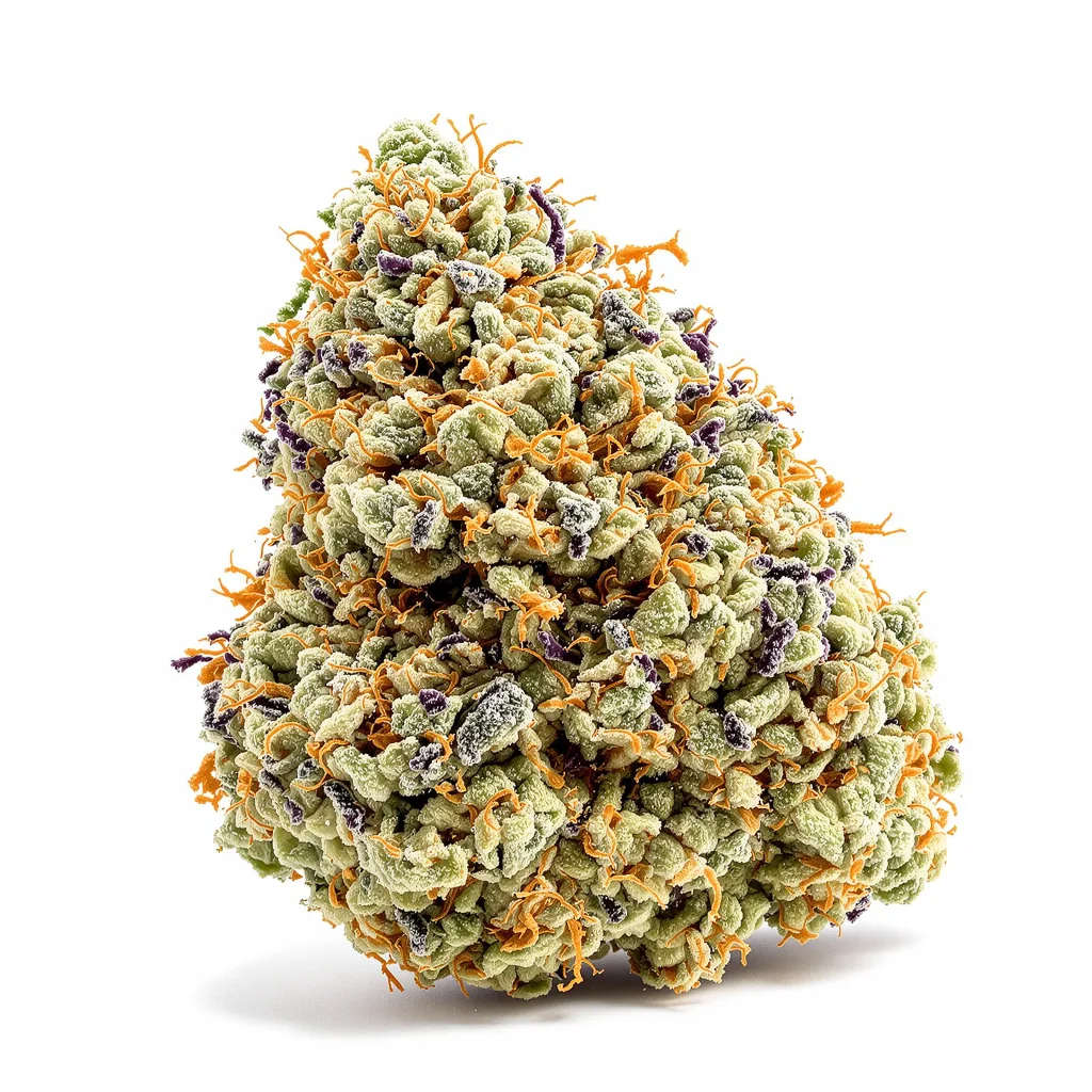 Cheeseburger 38% indica / 62% sativa — flor con tricomas visibles