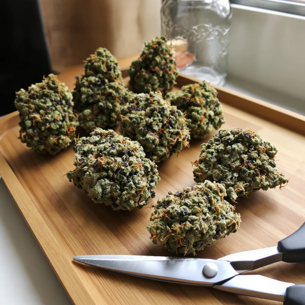Cheeseburger 38% indica / 62% sativa — flor con tricomas visibles