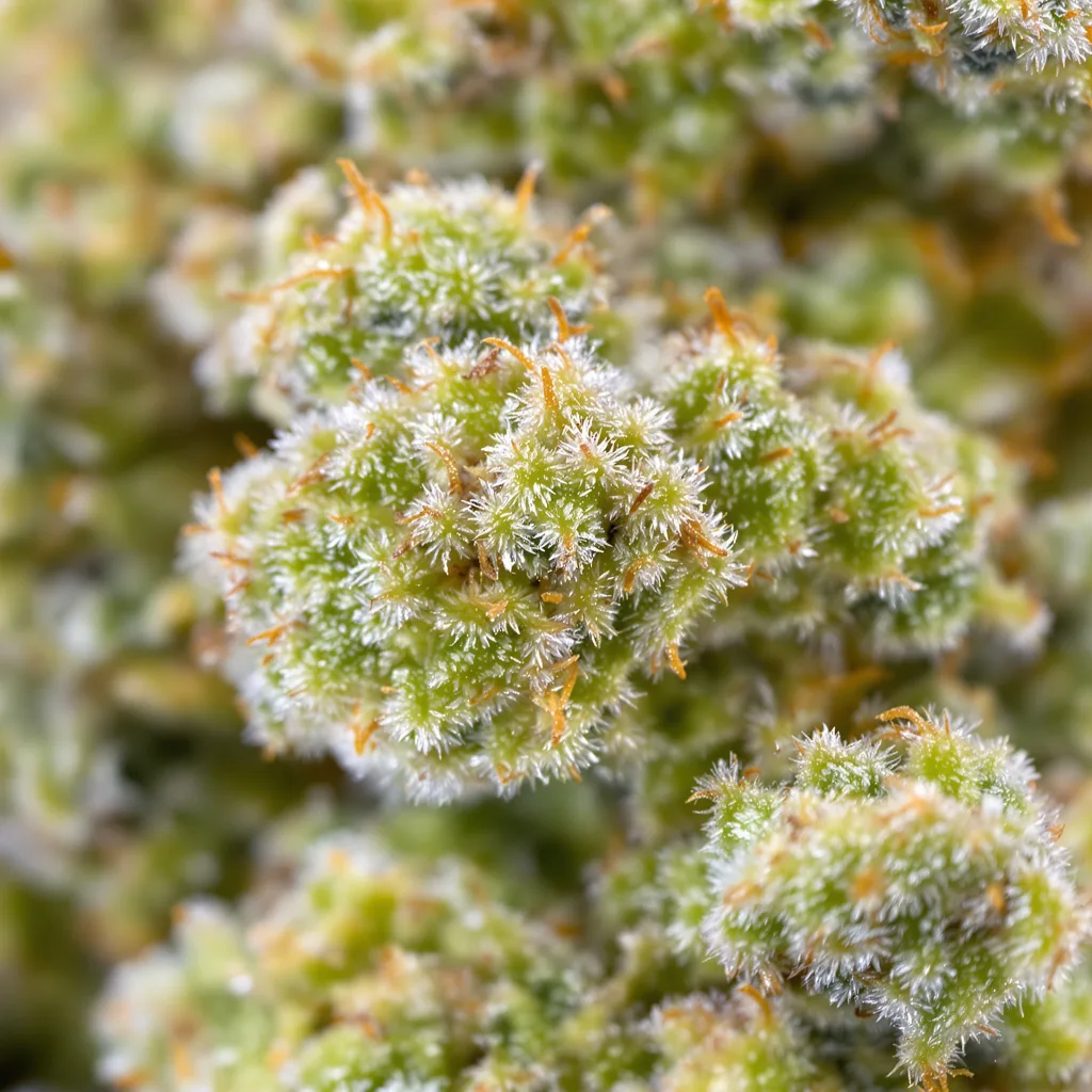 Primer plano de cogollo de cannabis Chem Valley Kush mostrando estructura aireada verde lima
