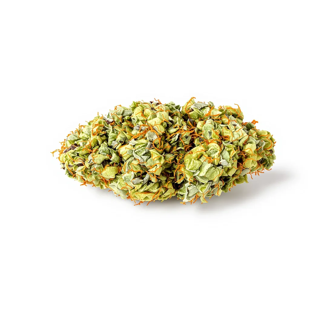 Chem Valley Kush 23% indica / 77% sativa — flor con tricomas visibles
