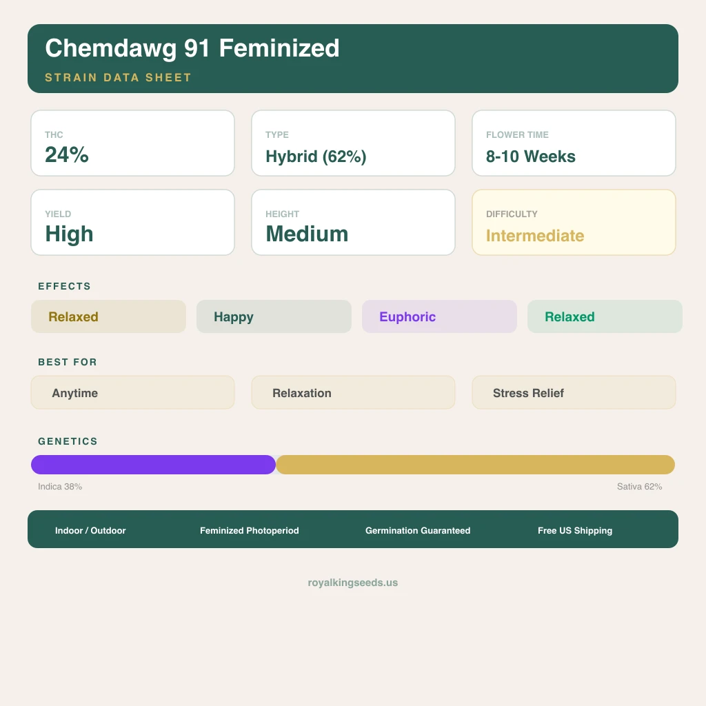 Chemdawg 91 38% indica / 62% sativa — flor con tricomas visibles