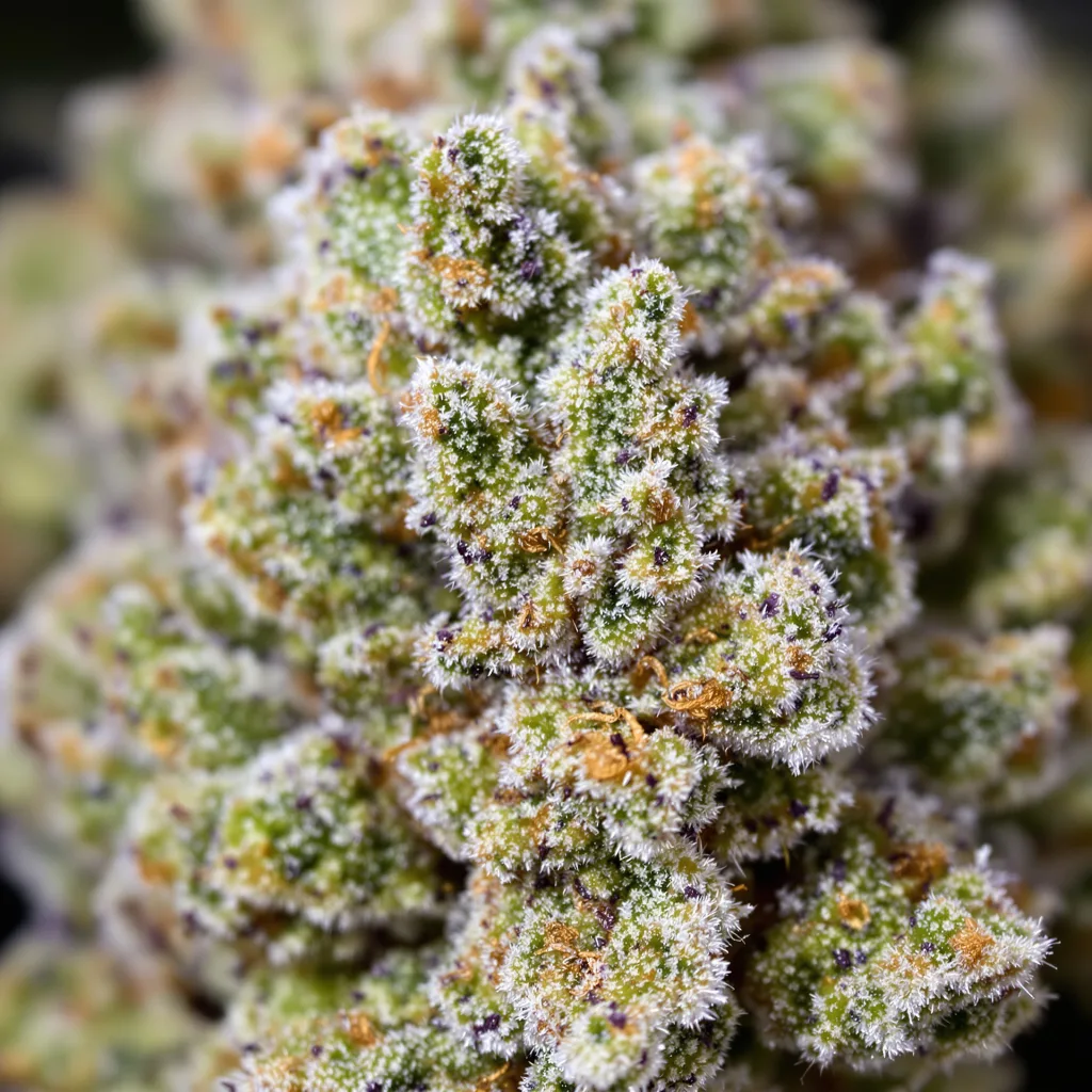 Primer plano de cogollo de cannabis Chemdawg 91 mostrando estructura abierta con pistilos naranjas