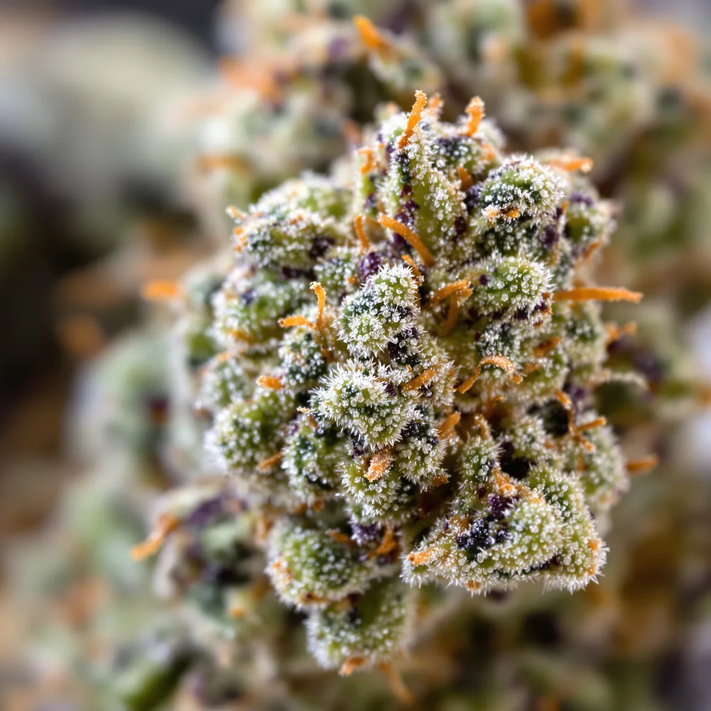 Primer plano de cogollo de cannabis Chemdawg Sour Diesel mostrando estructura abierta con pistilos naranjas