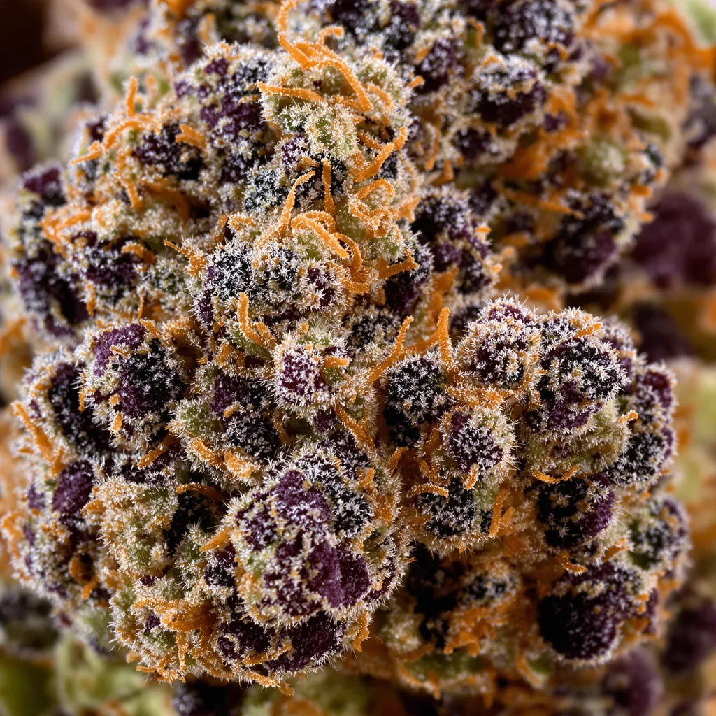 Primer plano de cogollo de cannabis Chemdog #4 mostrando cálices densos con tonos morados