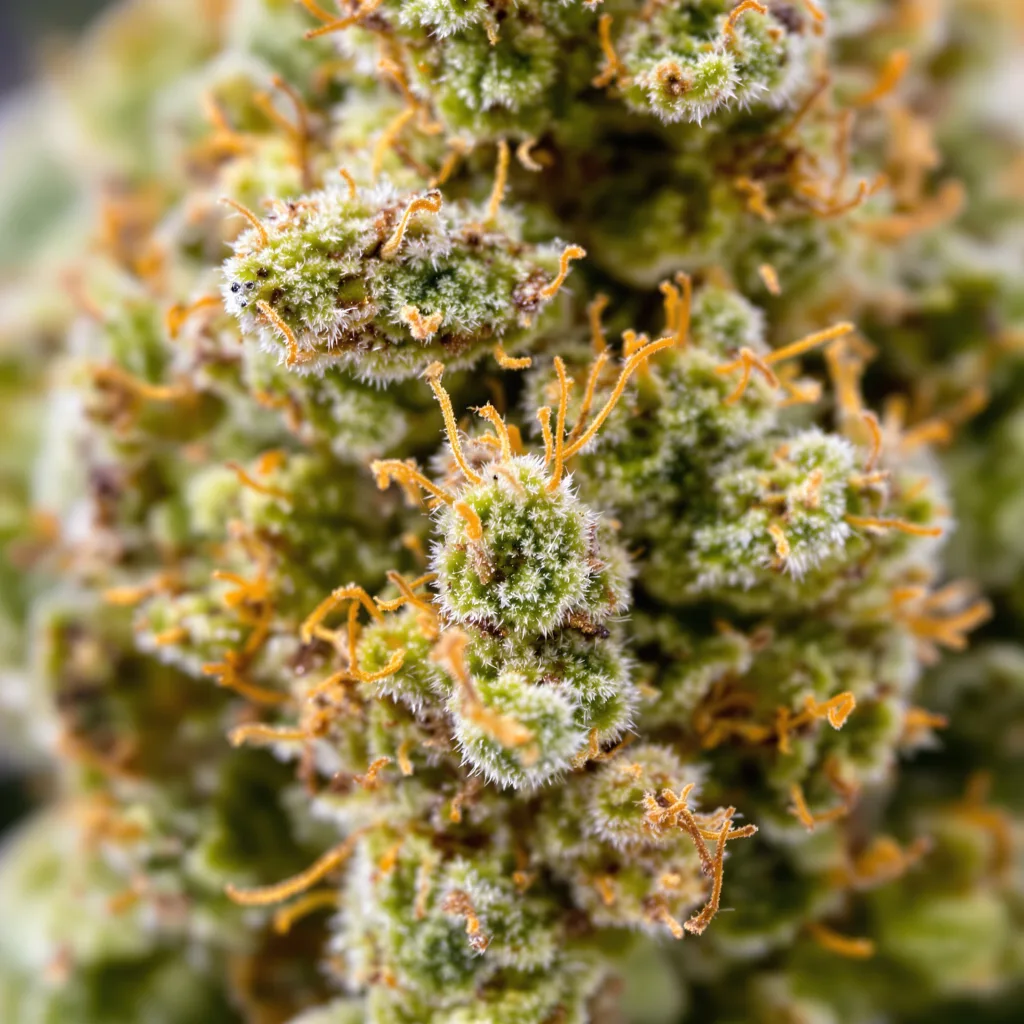 Primer plano de cogollo de cannabis Chernobyl mostrando estructura aireada verde lima