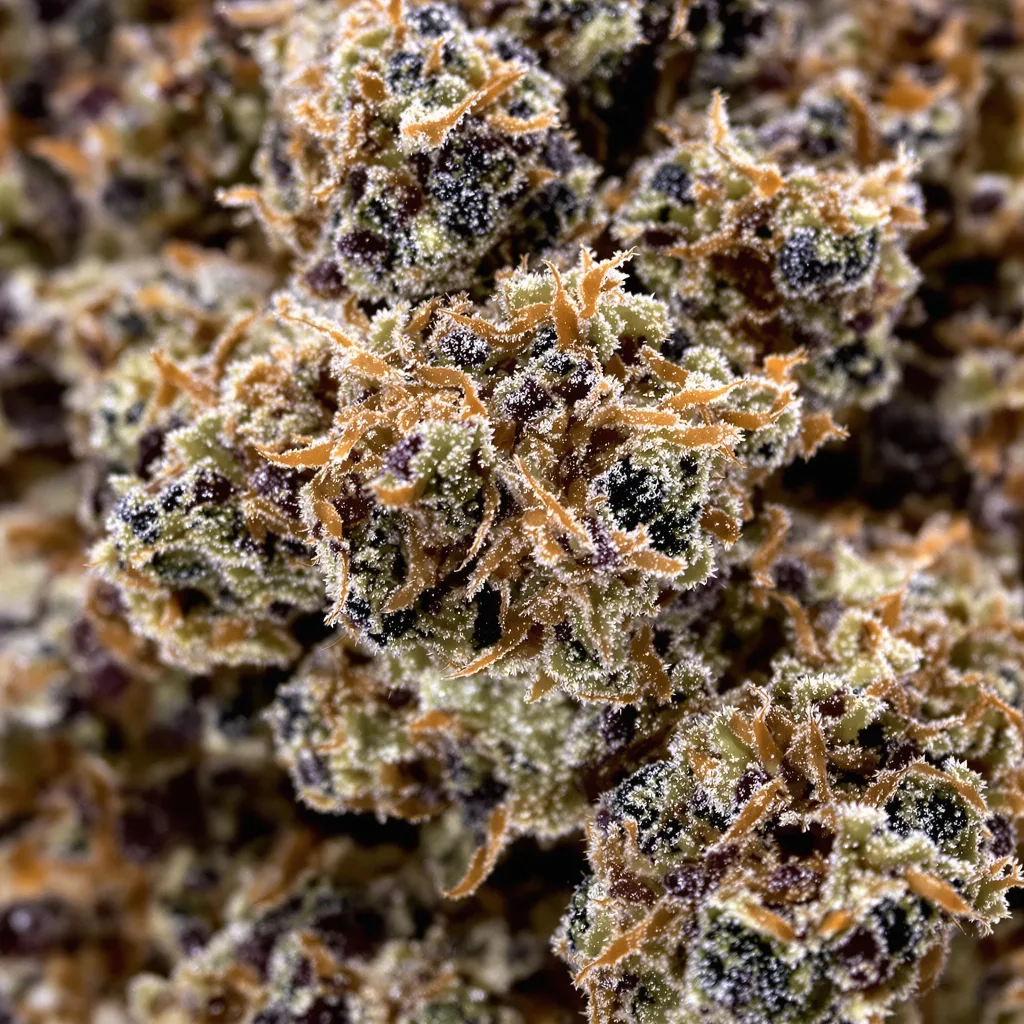 Primer plano de cogollo de cannabis Cherries Jubilee mostrando cálices densos con tonos morados
