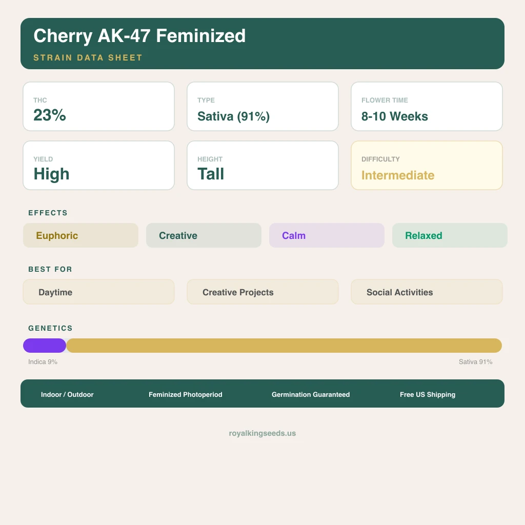 Cherry AK-47 9% indica / 91% sativa — flor con tricomas visibles