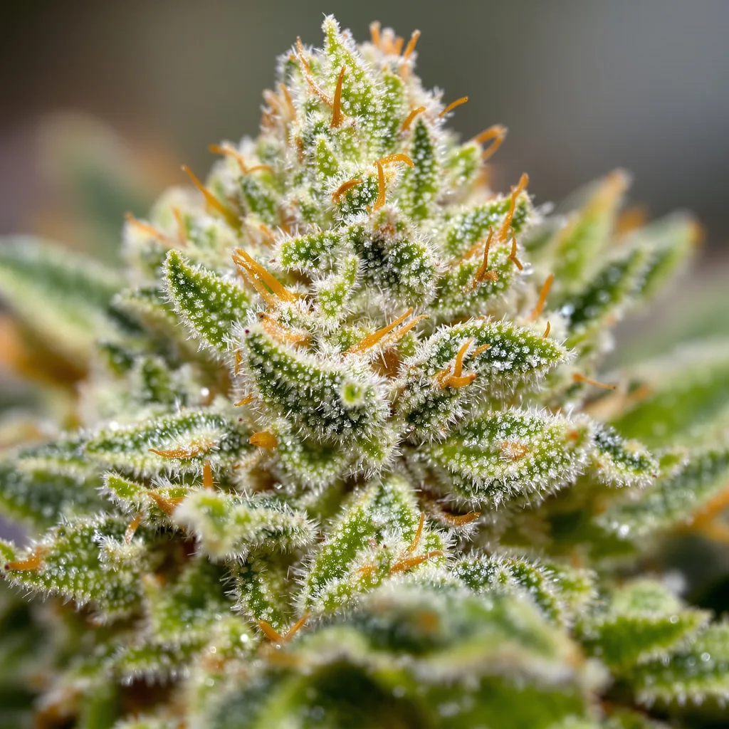 Primer plano de cogollo de cannabis Cherry AK-47 mostrando estructura aireada verde lima