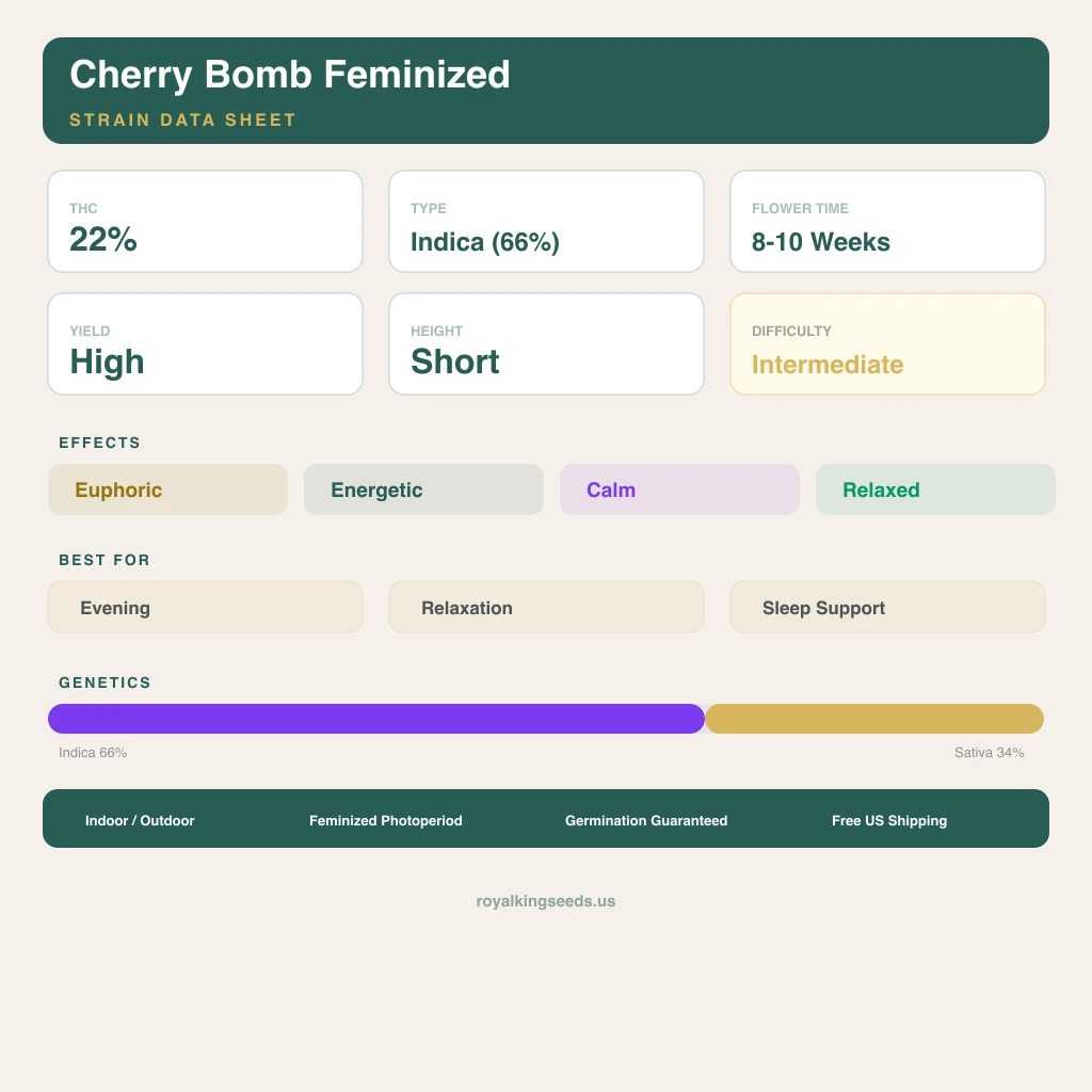 Cherry Bomb 66% indica / 34% sativa — flor con tricomas visibles