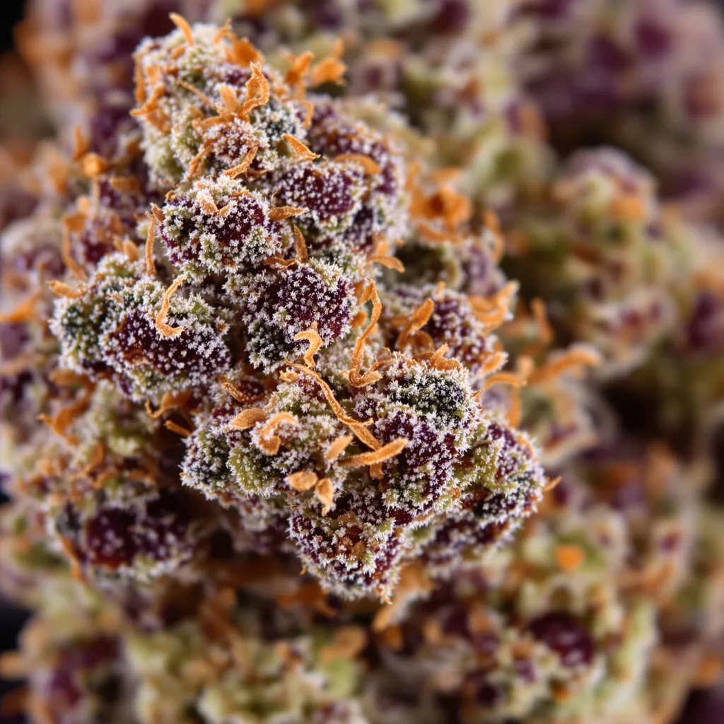 Primer plano de cogollo de cannabis Cherry Bomb mostrando cálices densos con tonos morados