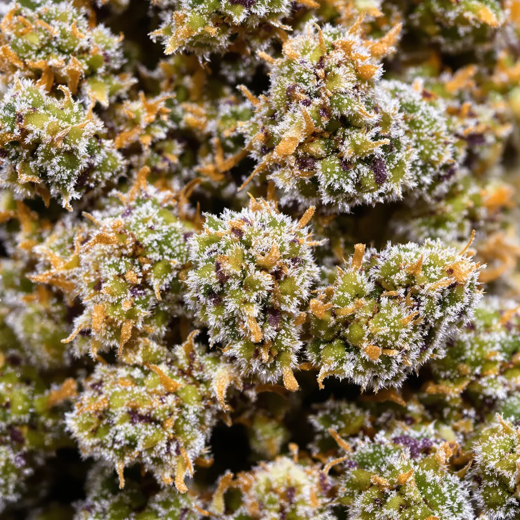 Primer plano de cogollo de cannabis Cherry Chem mostrando estructura equilibrada con tricomas escarchados