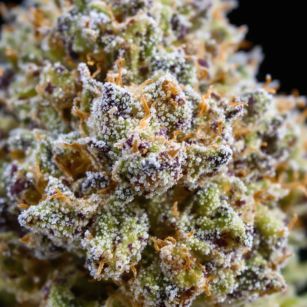 Primer plano de cogollo de cannabis Cherry Diesel mostrando estructura equilibrada con tricomas escarchados