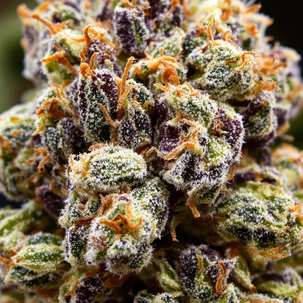 Primer plano de cogollo de cannabis Cherry Kola mostrando cálices densos con tonos morados