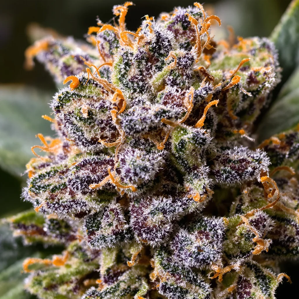 Primer plano de cogollo de cannabis Chiesel mostrando cálices densos con tonos morados