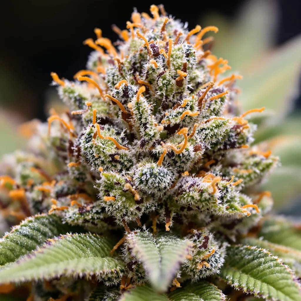 Primer plano de cogollo de cannabis China Yunnan mostrando cálices densos con tonos morados