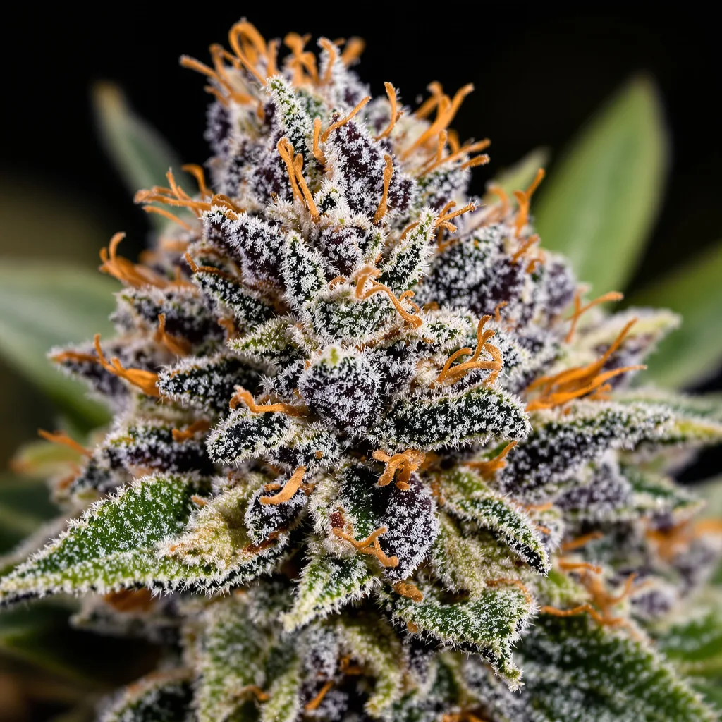 Primer plano de cogollo de cannabis China Yunnan mostrando cálices densos con tonos morados