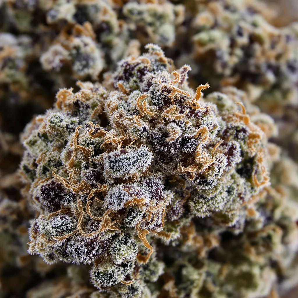 Primer plano de cogollo de cannabis Chocolate Kush mostrando cálices densos con tonos morados