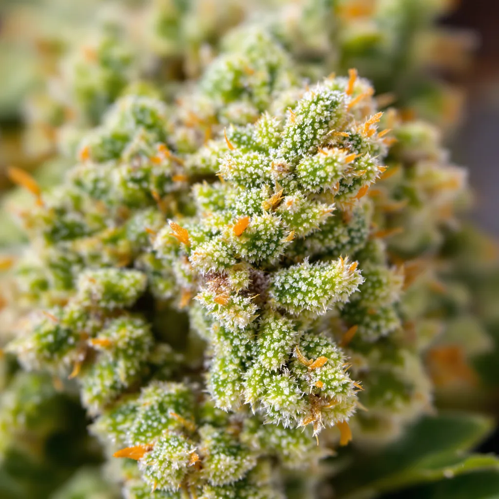 Primer plano de cogollo de cannabis Chocolope mostrando estructura aireada verde lima