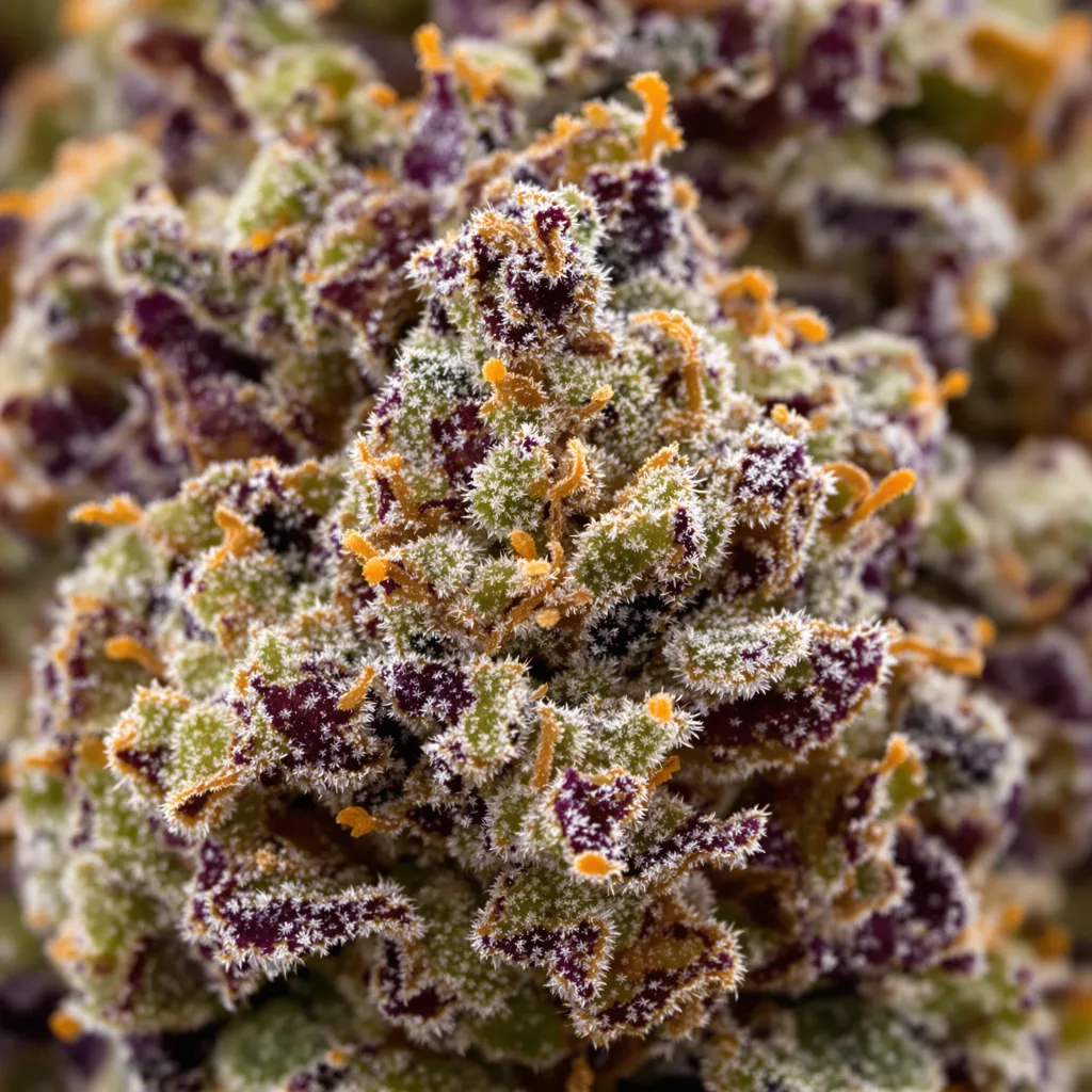Primer plano de cogollo de cannabis Chocolope Kush mostrando cálices densos con tonos morados