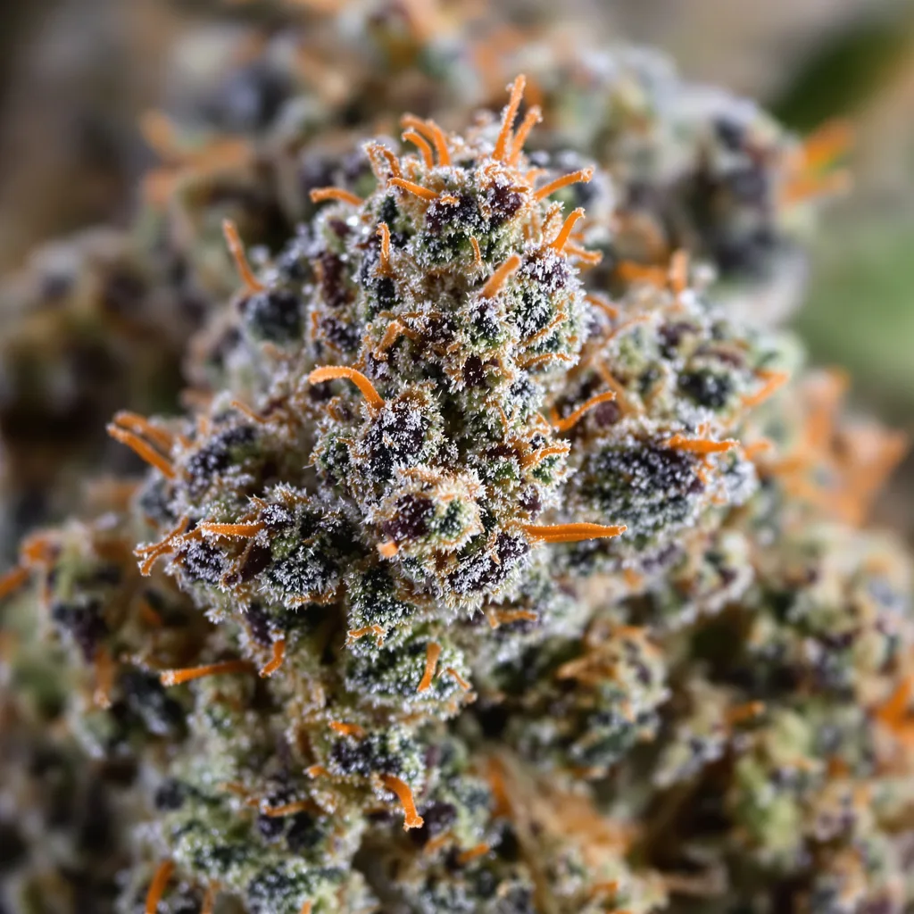 Primer plano de cogollo de cannabis Chronic mostrando cálices densos con tonos morados