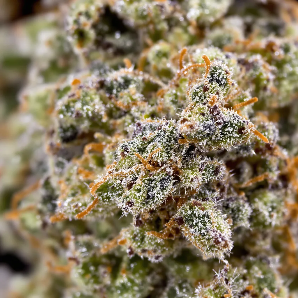 Primer plano de cogollo de cannabis Chupacabra mostrando estructura equilibrada con tricomas escarchados
