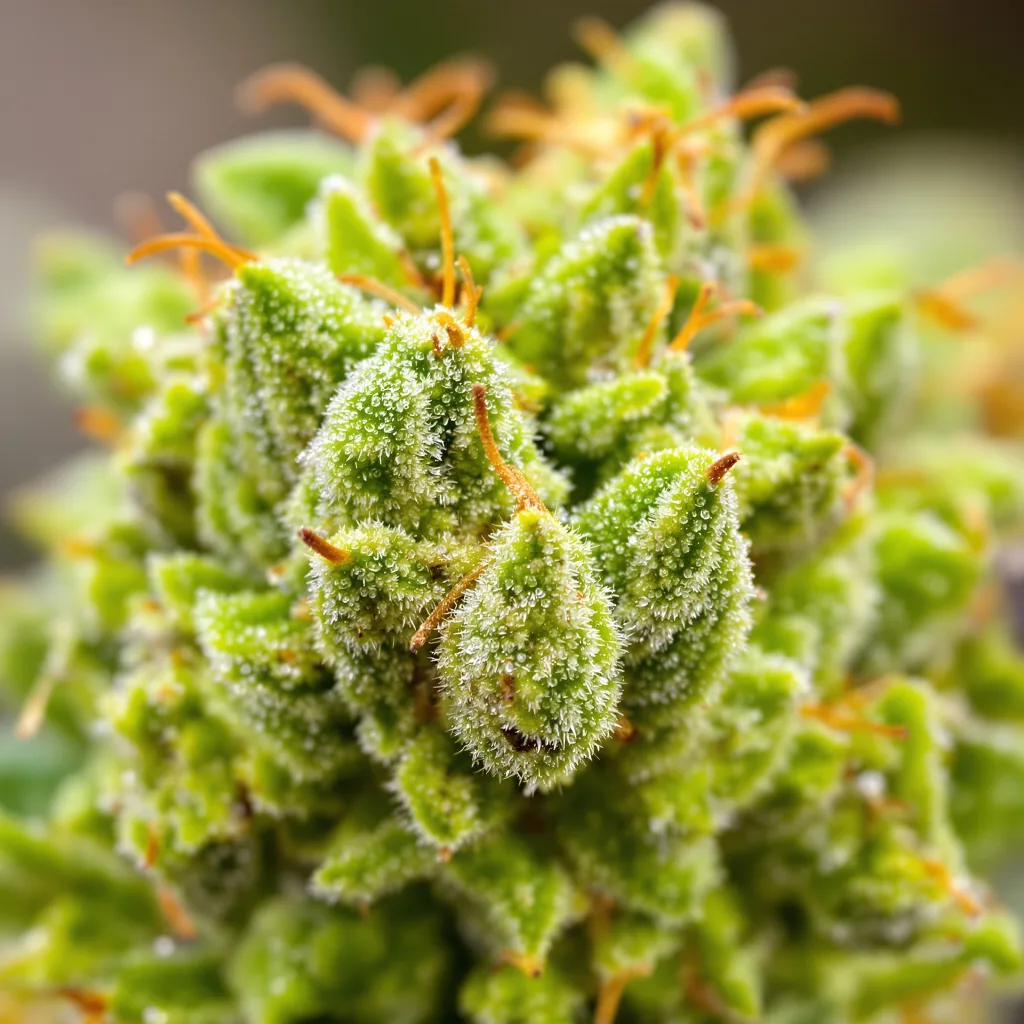Primer plano de cogollo de cannabis Cinderella 99 mostrando estructura aireada verde lima