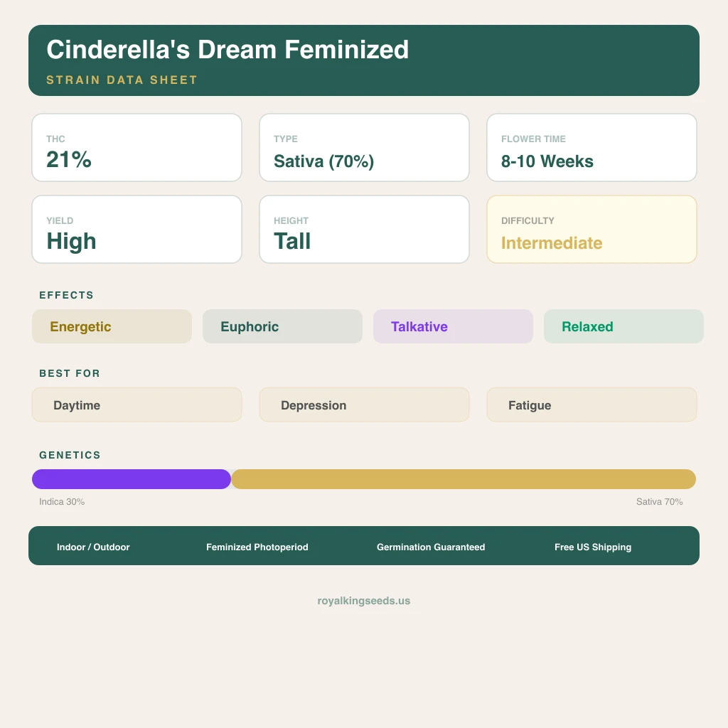 Cinderella's Dream 30% indica / 70% sativa — flor con tricomas visibles