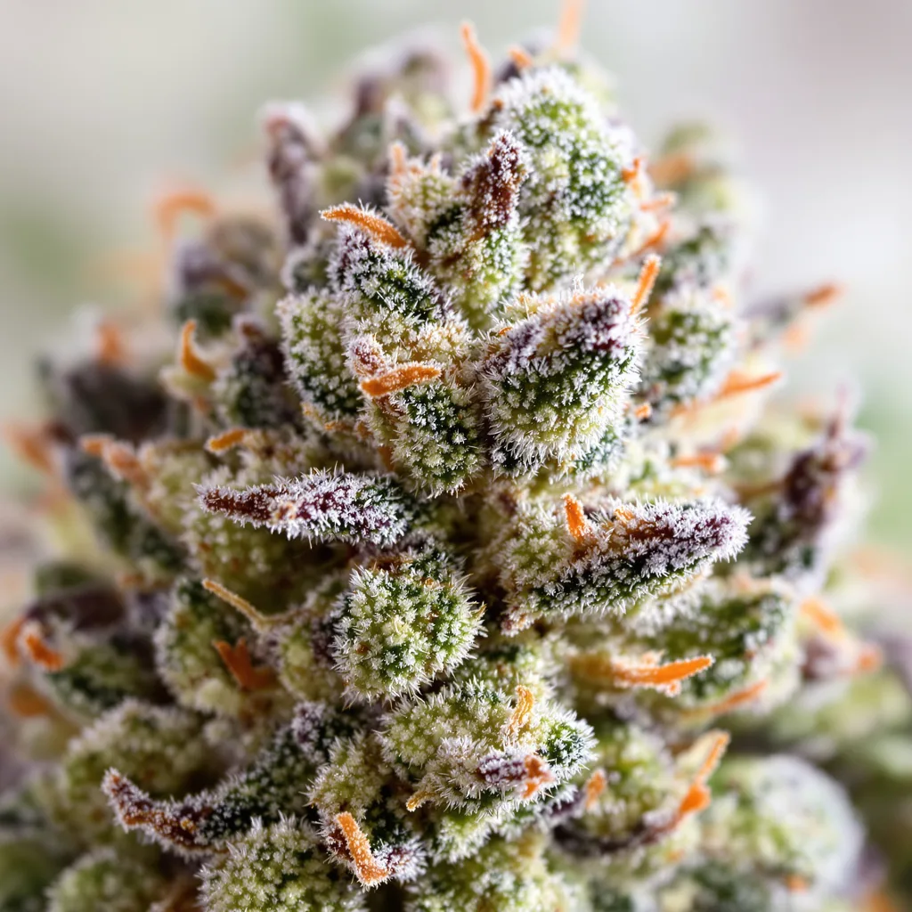 Primer plano de cogollo de cannabis Cinex mostrando estructura abierta con pistilos naranjas