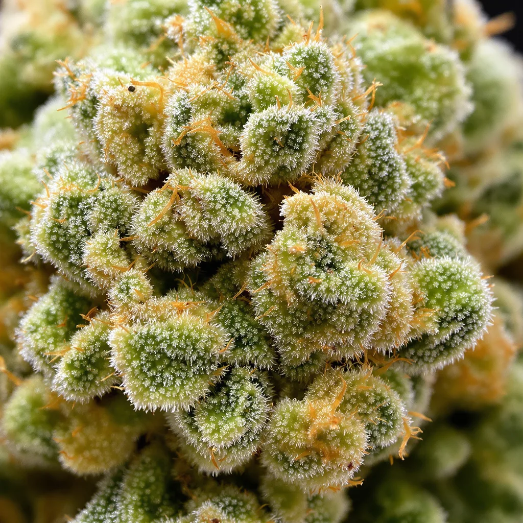 Primer plano de cogollo de cannabis Clementine mostrando estructura aireada verde lima