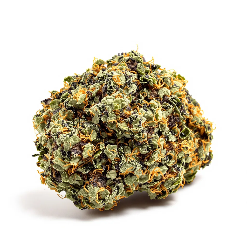 Cluster Bomb 79% indica / 21% sativa — flor con tricomas visibles