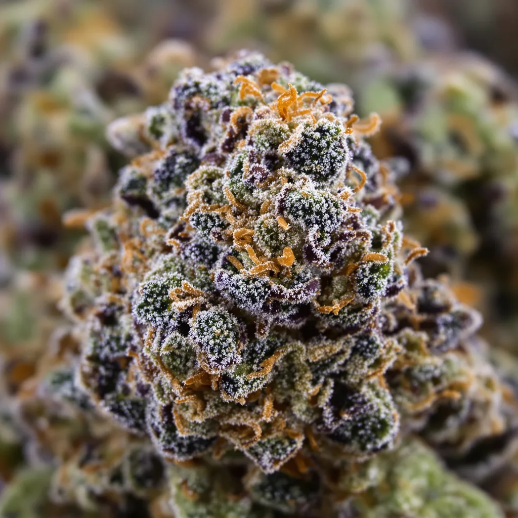 Primer plano de cogollo de cannabis Cold War Kush mostrando cálices densos con tonos morados