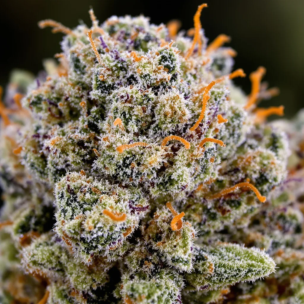 Primer plano de cogollo de cannabis Colombian Gold mostrando estructura abierta con pistilos naranjas