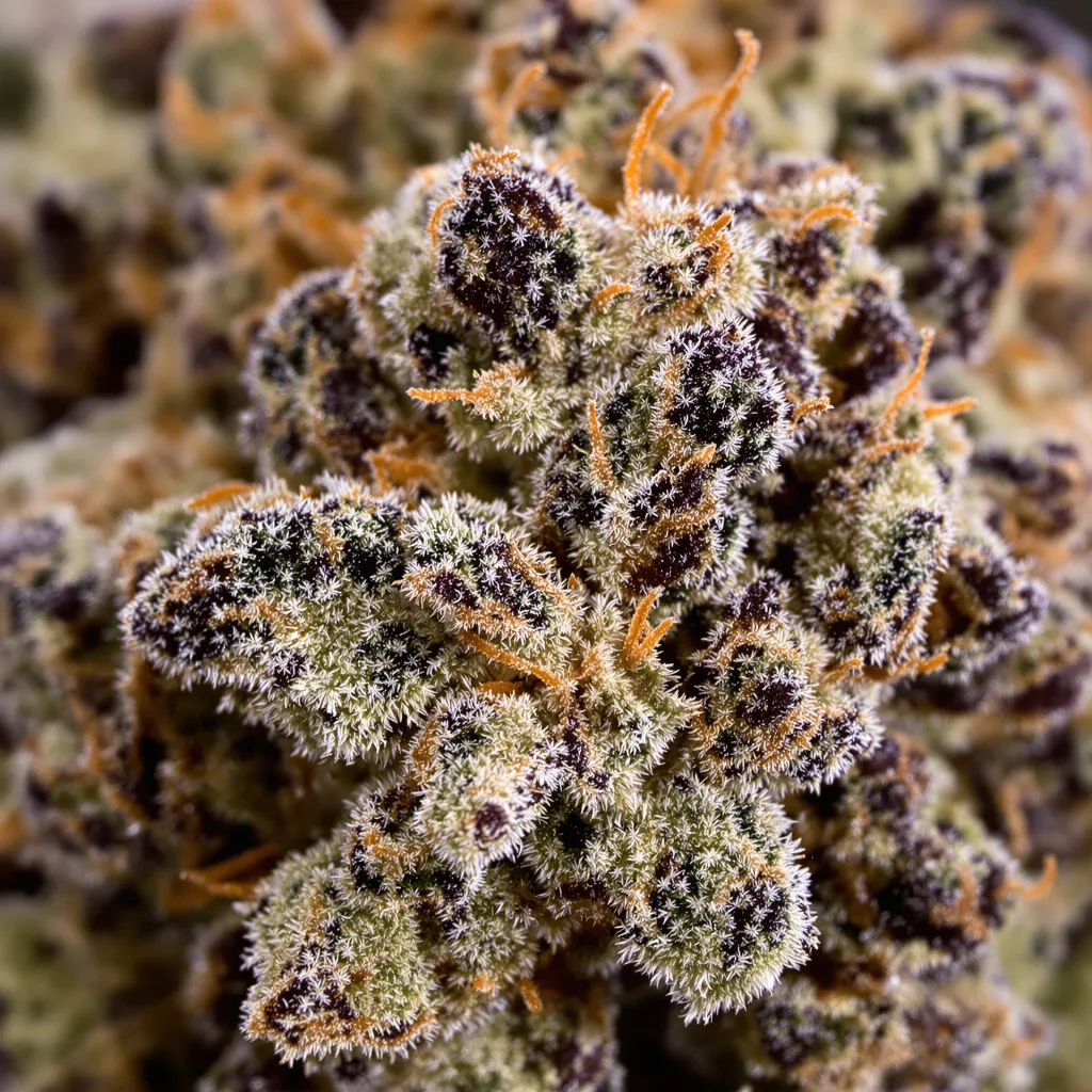 Primer plano de cogollo de cannabis Colorado Bubba mostrando cálices densos con tonos morados
