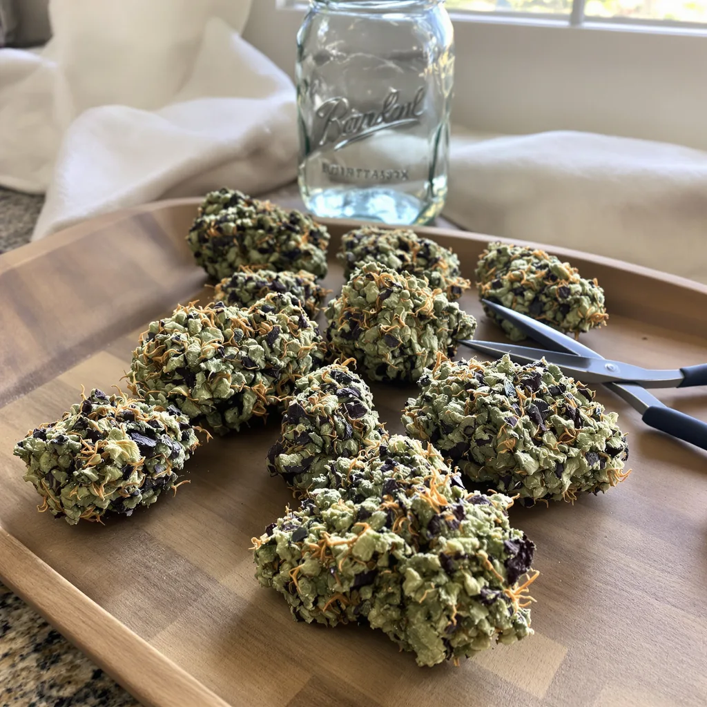 Confidential Cheese 73% indica / 27% sativa — flor con tricomas visibles