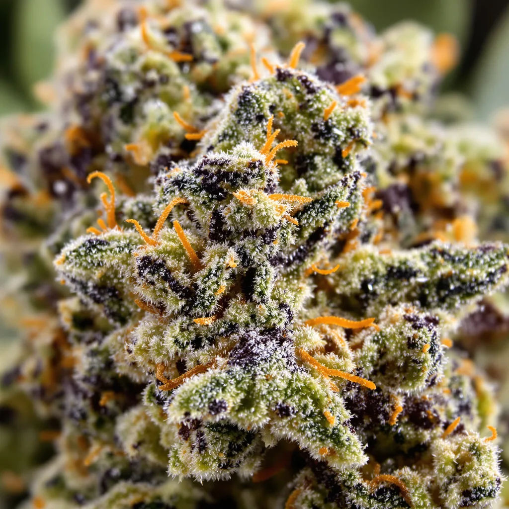 Primer plano de cogollo de cannabis Confidential Cheese mostrando cálices densos con tonos morados