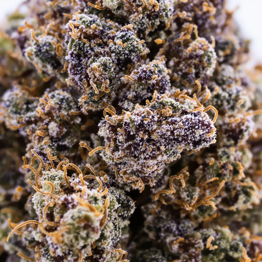 Primer plano de cogollo de cannabis Confidential Wreck mostrando cálices densos con tonos morados