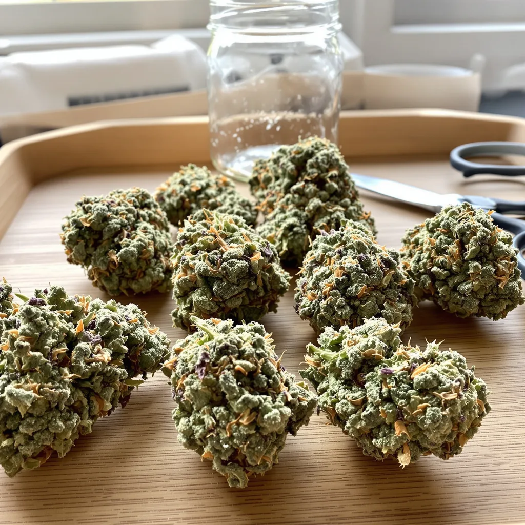 Cookie Breath 42% indica / 58% sativa — flor con tricomas visibles