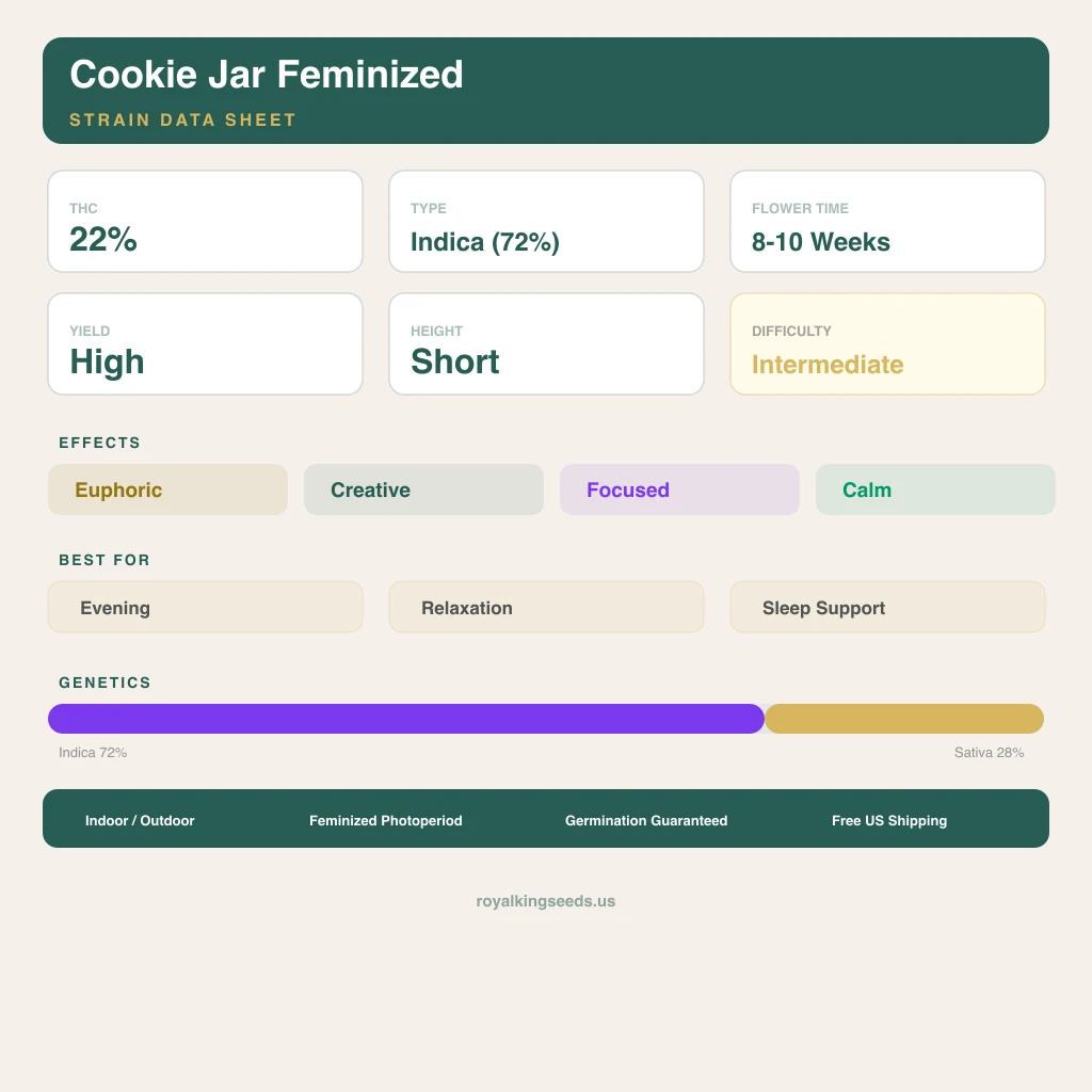 Cookie Jar 72% indica / 28% sativa — flor con tricomas visibles