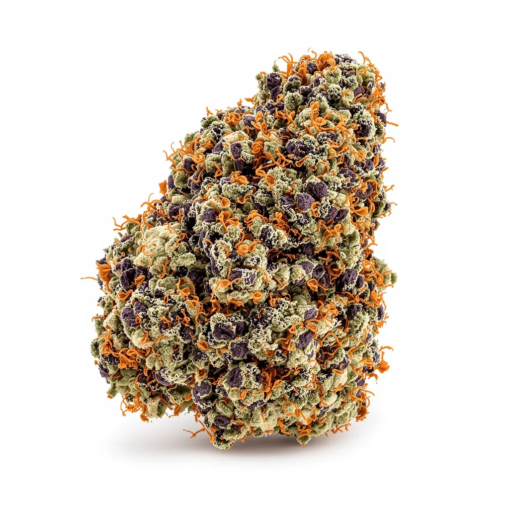 Cookie Monster 84% indica / 16% sativa — flor con tricomas visibles