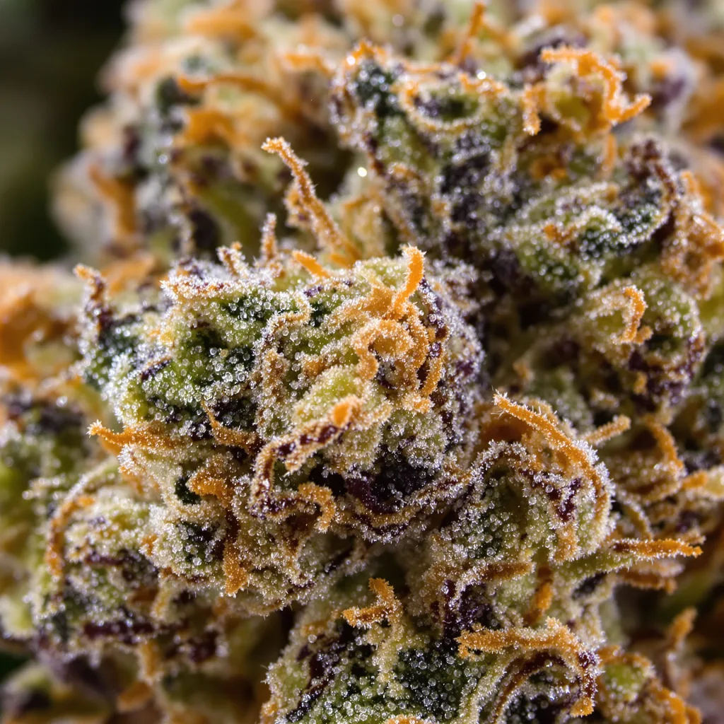 Primer plano de cogollo de cannabis Cookie Wreck mostrando estructura abierta con pistilos naranjas
