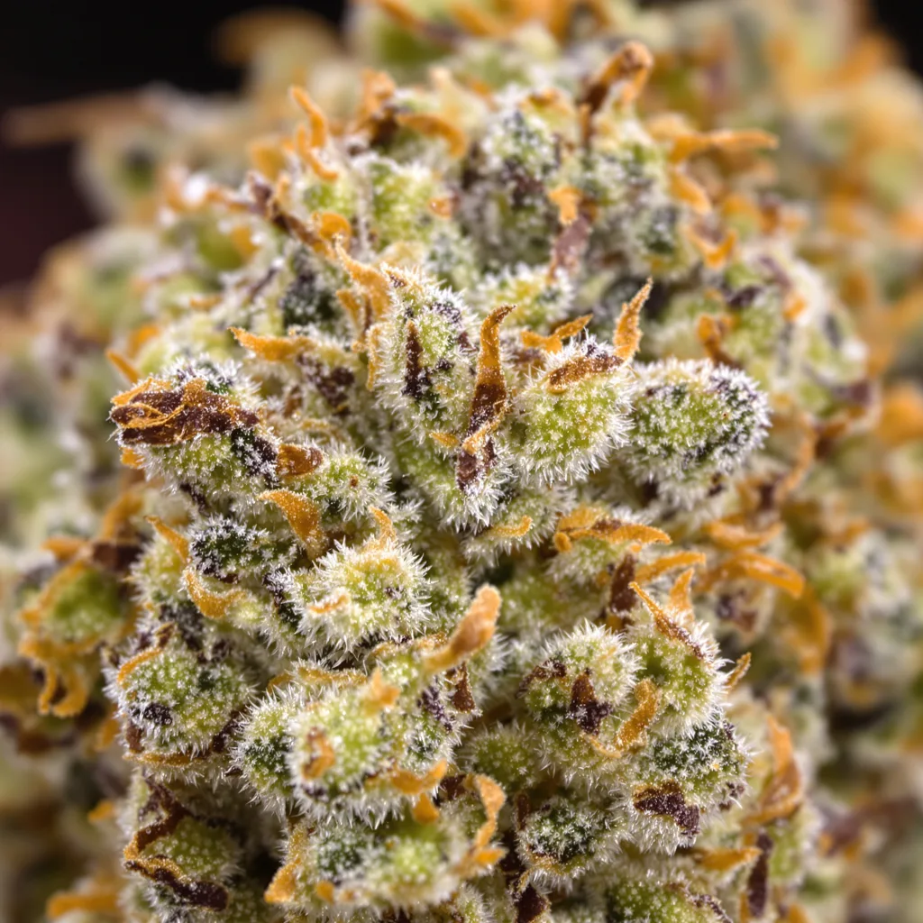 Primer plano de cogollo de cannabis Cookie Wreck mostrando estructura abierta con pistilos naranjas
