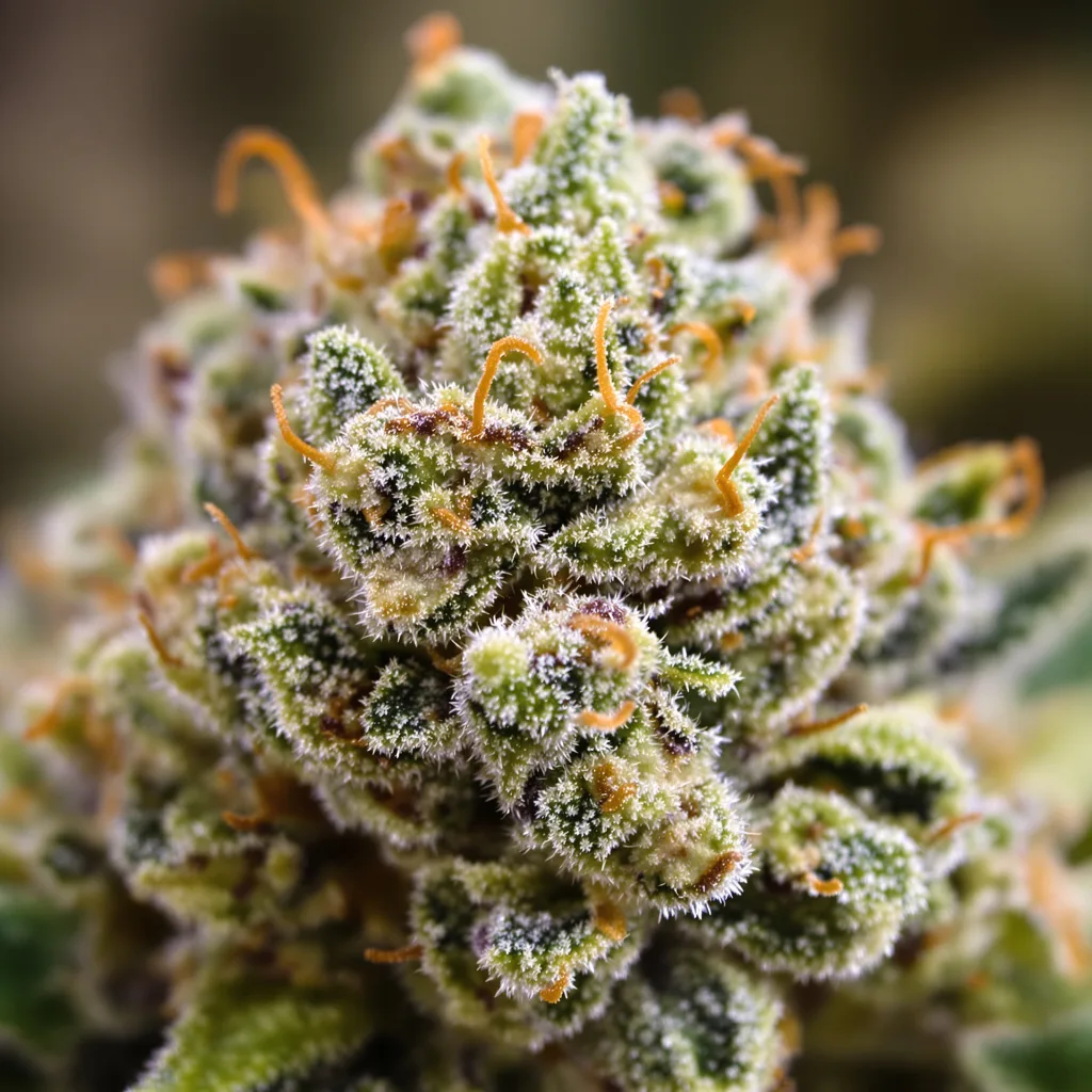 Primer plano de cogollo de cannabis Cookies and Cream mostrando estructura equilibrada con tricomas escarchados