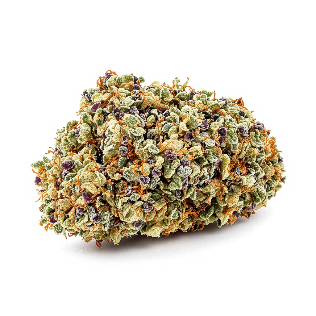 Cookies and Cream 52% indica / 48% sativa — flor con tricomas visibles
