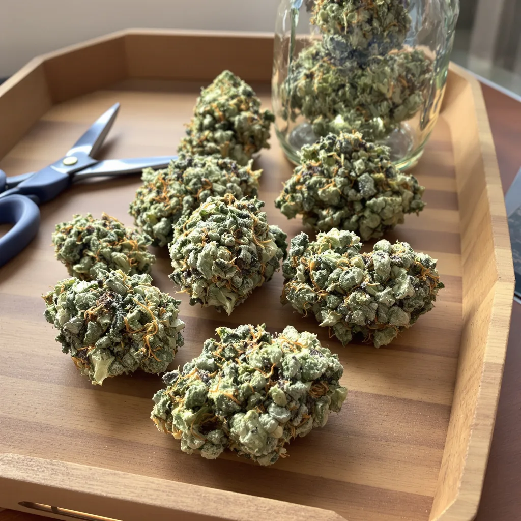 Cookies Gelato 41% indica / 59% sativa — flor con tricomas visibles