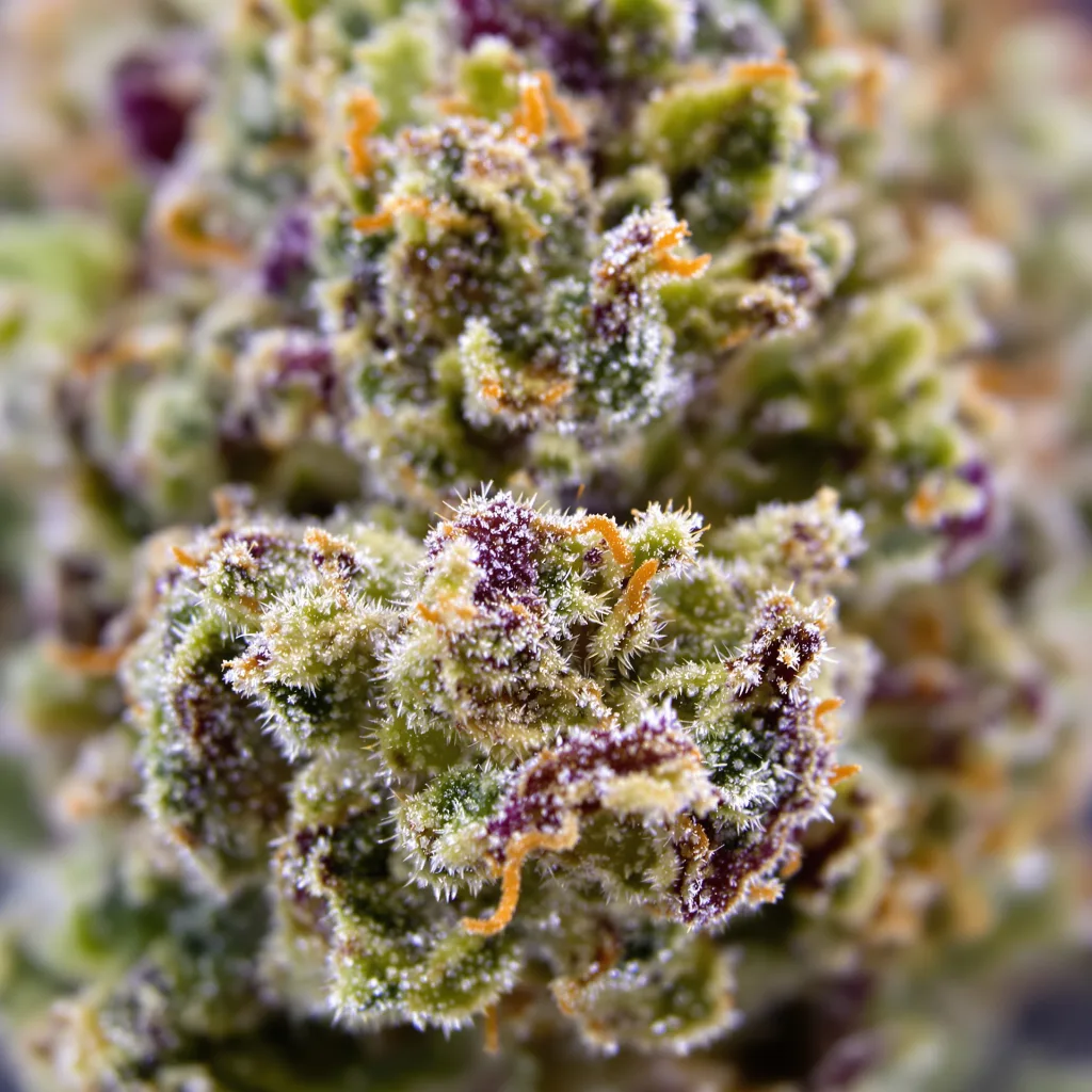 Primer plano de cogollo de cannabis Cookies Gelato mostrando estructura equilibrada con tricomas escarchados