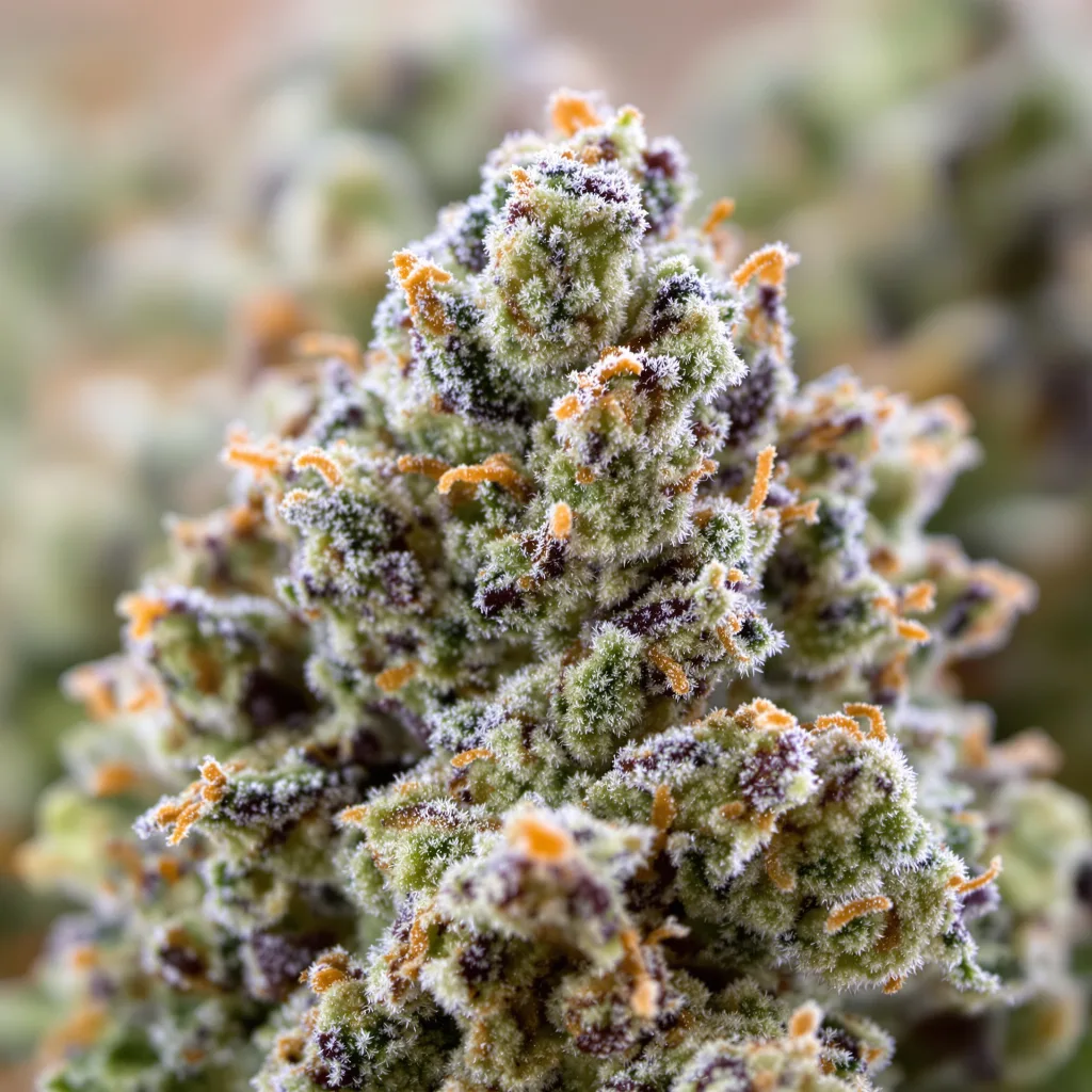 Primer plano de cogollo de cannabis Cookies Gelato mostrando estructura equilibrada con tricomas escarchados