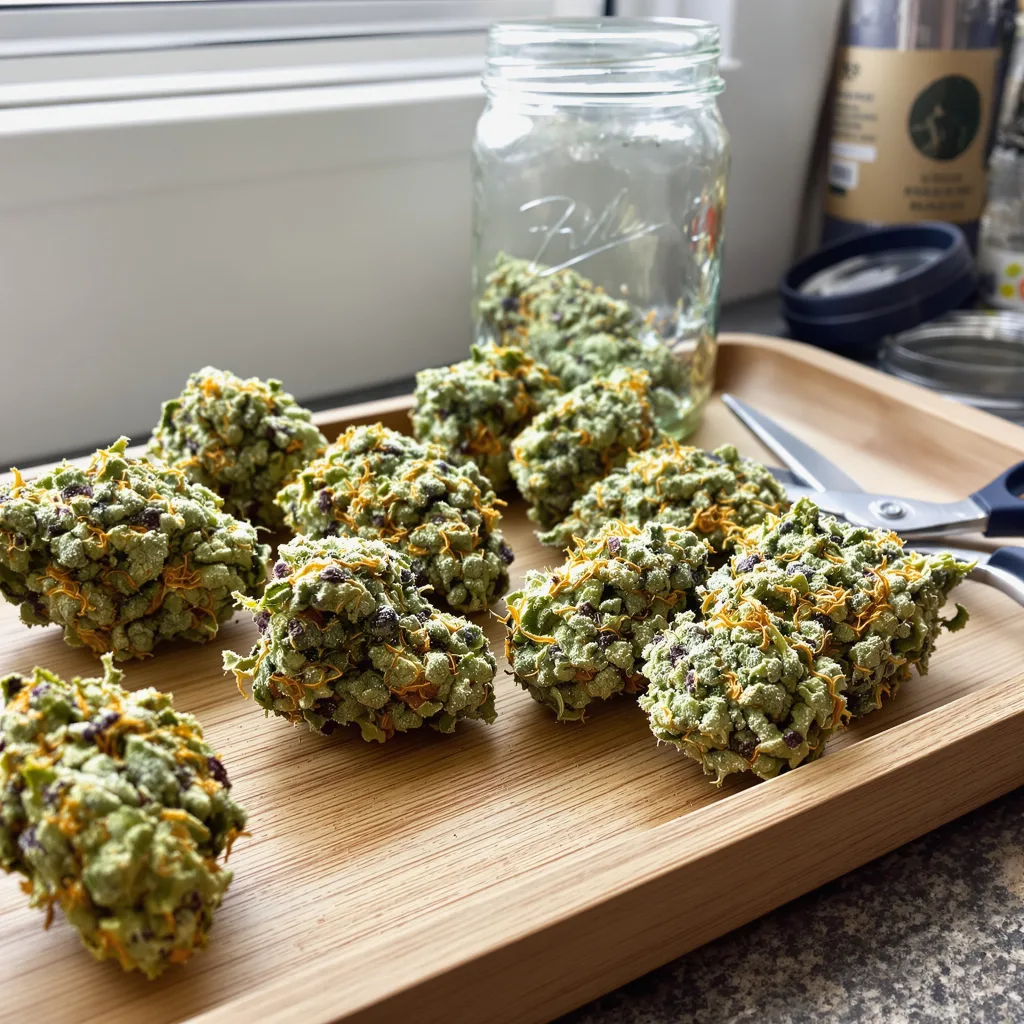 Copper Kush 44% indica / 56% sativa — flor con tricomas visibles