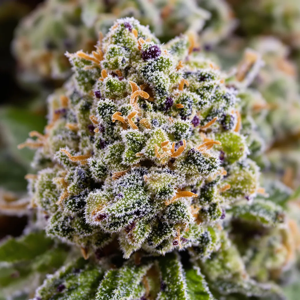 Primer plano de cogollo de cannabis Copper Kush mostrando estructura equilibrada con tricomas escarchados