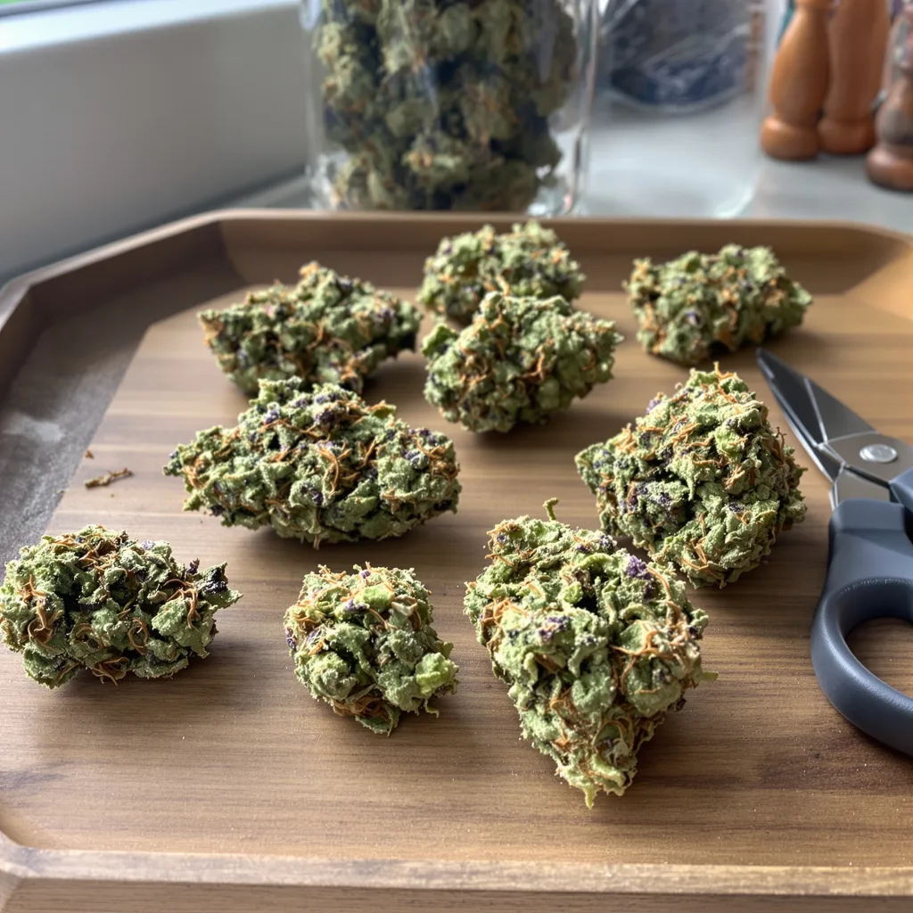 Corkscrew 57% indica / 43% sativa — flor con tricomas visibles